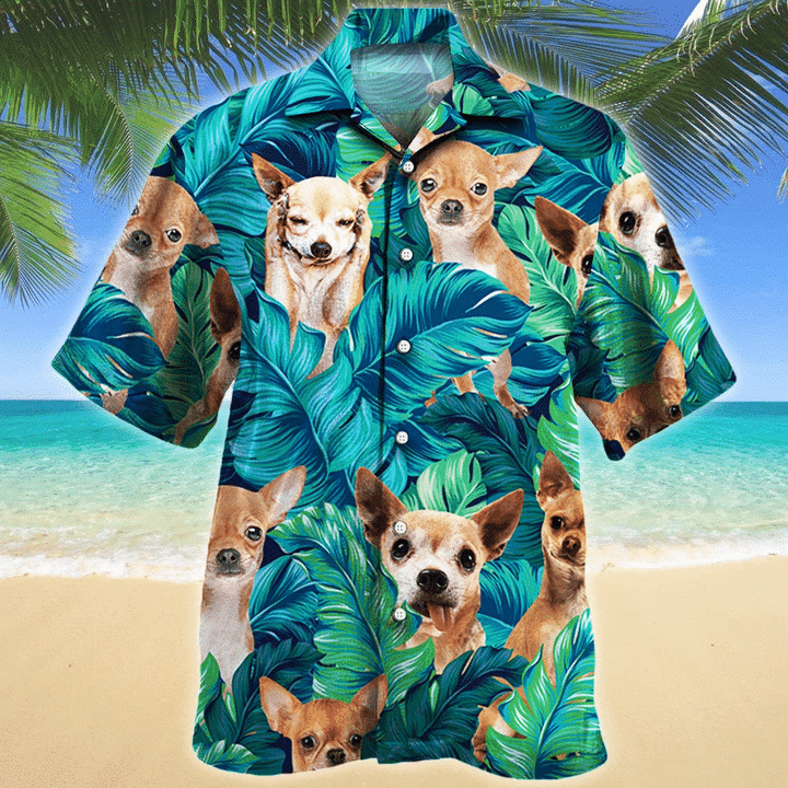 Chihuahua tropical hawaii shirt for dog lovers/ Hiding Chihuahua Dog In Tropical Palm Leaves Pattern Hawaiian Shirt