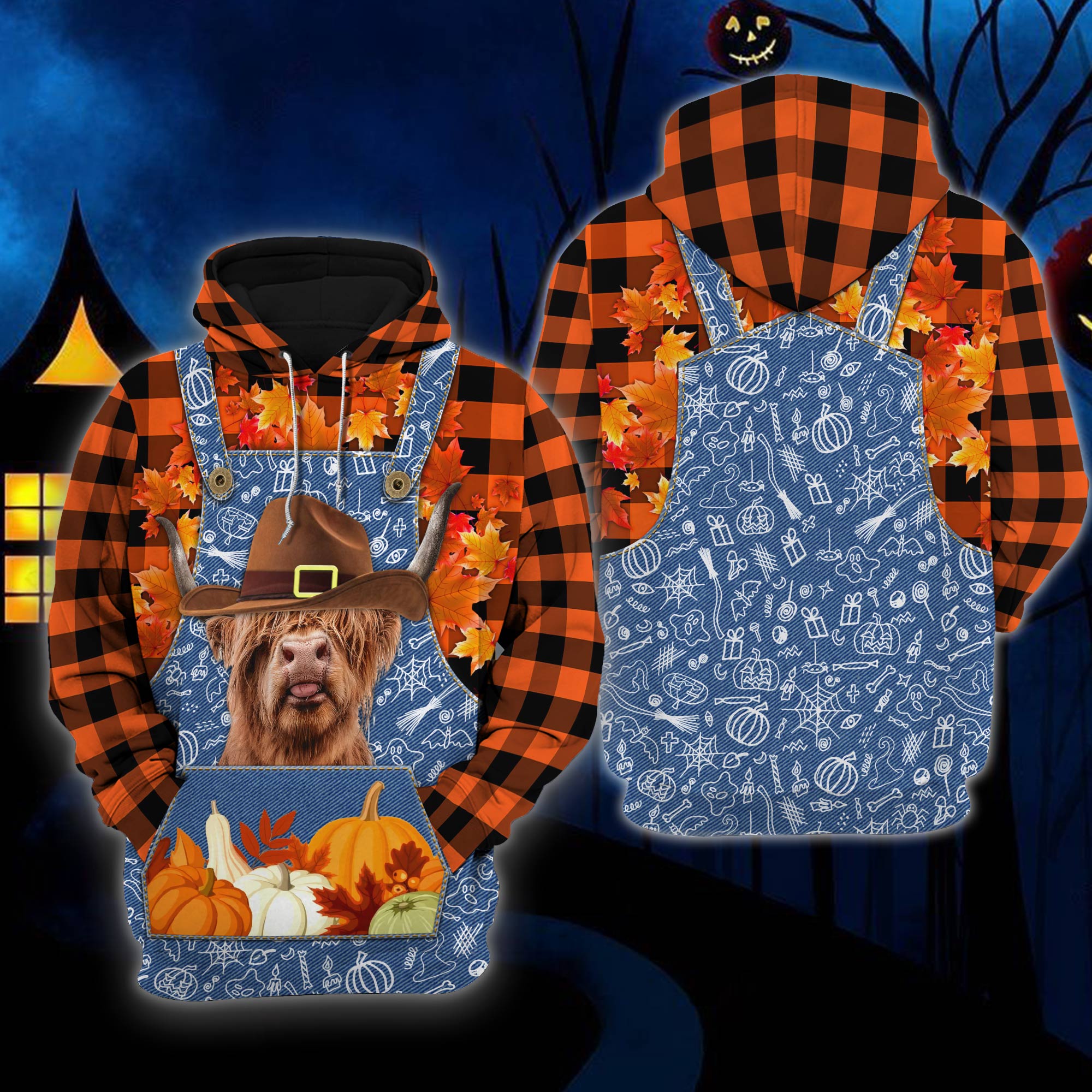 Happy Halloween Highland Orange Plaid All Printed 3D Hoodie/ Farm Halloween Hoodies