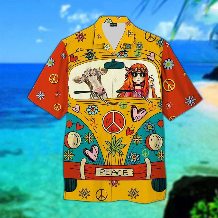 Hippie Cow 3D Hawaiian Shirt/ Hippie 3D hawaiian shirt/ Cow Hawaii shirt