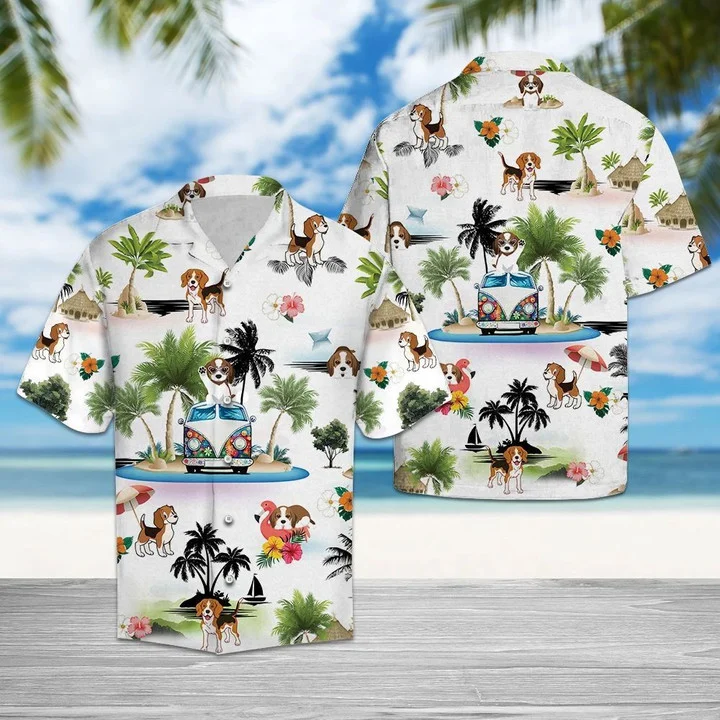 Hippie Van Beagle Summer Vacation On Island Hawaiian Shirt