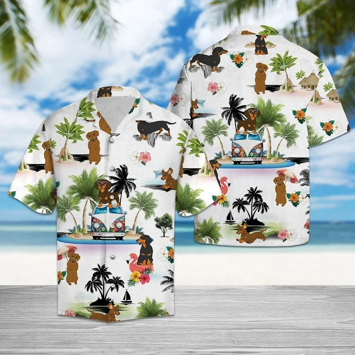 Hippie Van Dachshund Dog Enjoy The Vacation On Island Hawaiian Shirt/ Short Sleeve Hawaiian Aloha Shirt for men