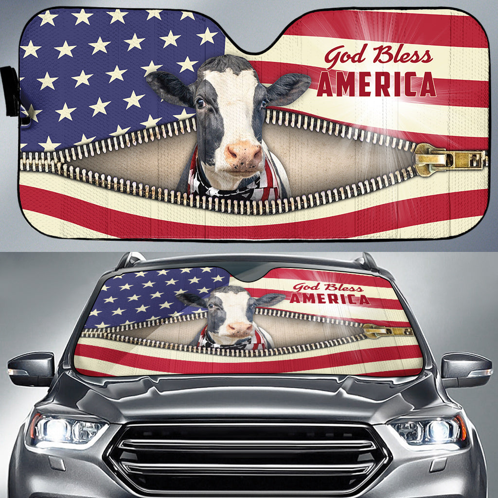 Holstein In United States Flag Zipper Pattern Sun Shade For Car/ Farm Lovers Car Sun Shade