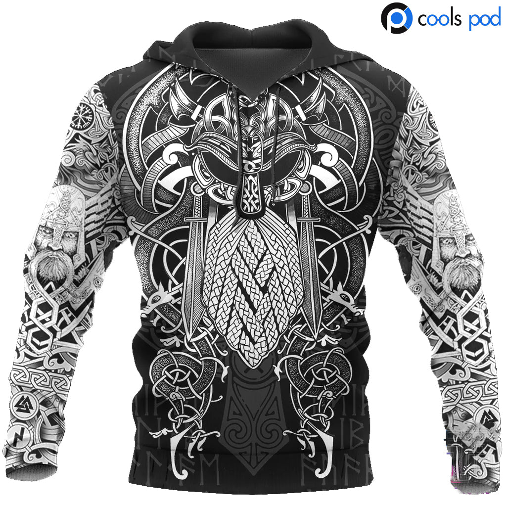 3D All Over Printed Vikings Odin Hoodie Black And White Viking Hoodie For Men Women