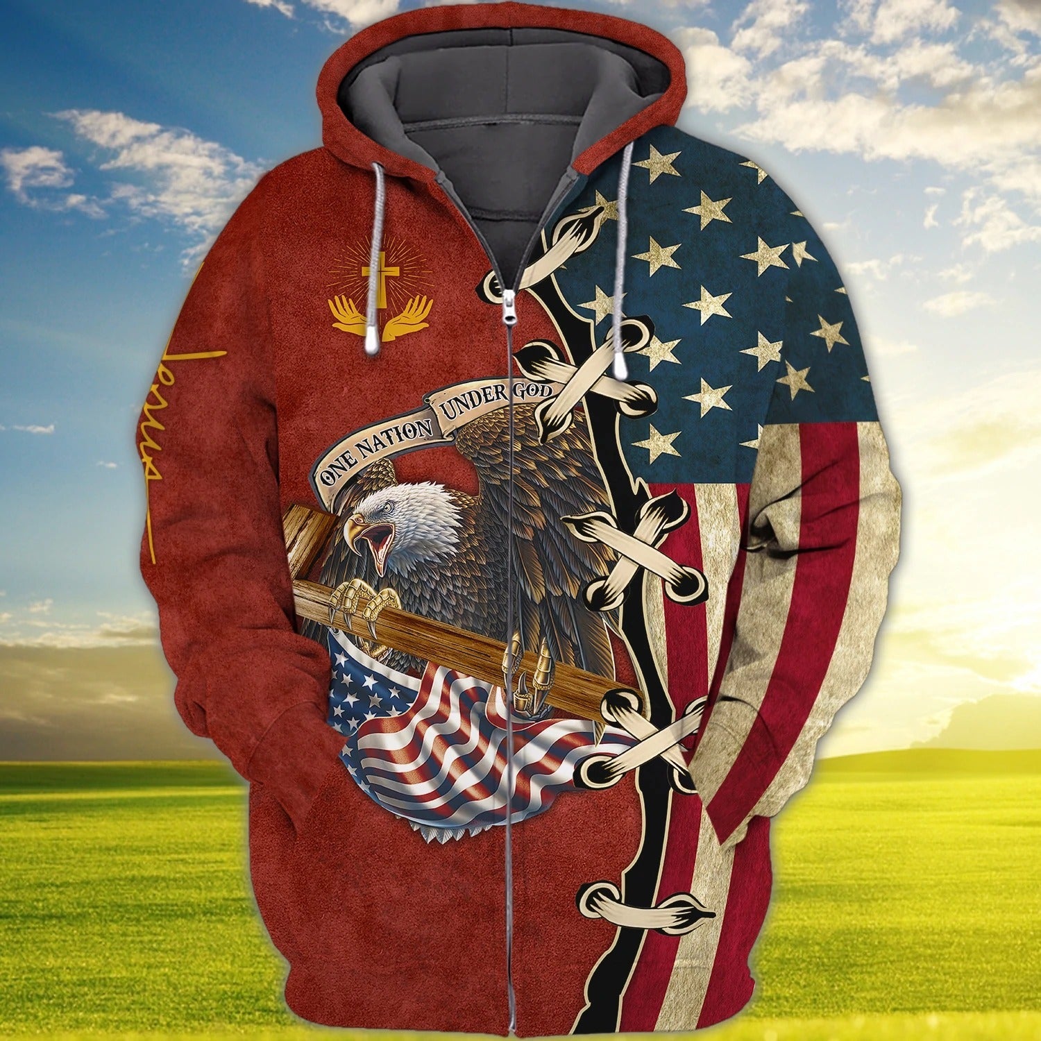 Eagle Us Flag One Nation Under God 3D Hawaiian Shirt/ 4Th Of July 3D Bomber Hoodie