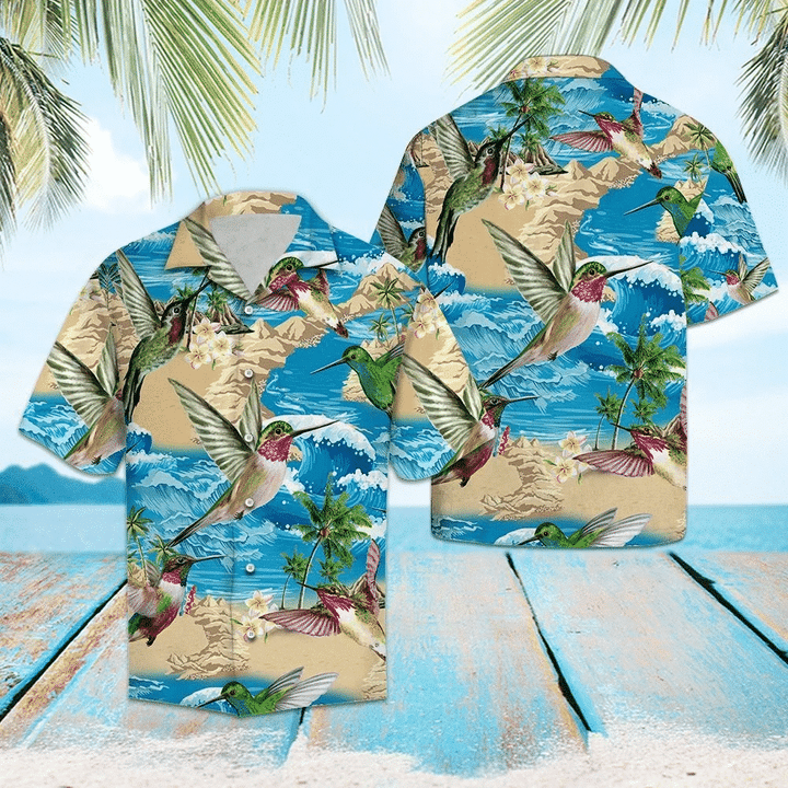 Hummingbird On Beach Summer Blue Wave Pattern Hawaiian Shirt for men and women