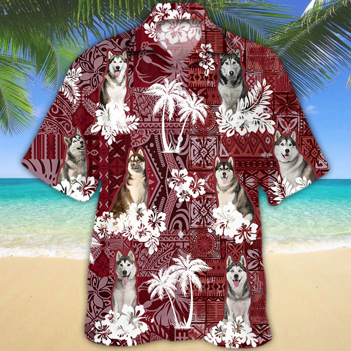 Husky Red Hawaiian Shirt/ Gift for Dog Lover Shirts/ Men''s Hawaiian shirt/ Summer Hawaiian Aloha Shirt