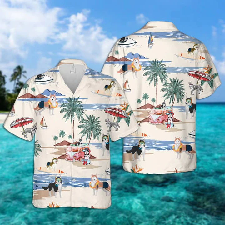Husky Summer Beach Hawaiian Shirt/ Hawaiian Shirts for Men Women Short Sleeve Aloha Beach Shirt