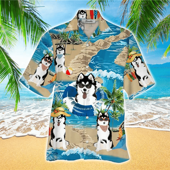 Husky Terrier Mens 3D Hawaiian Shirt/ Husky Button Up Shirt