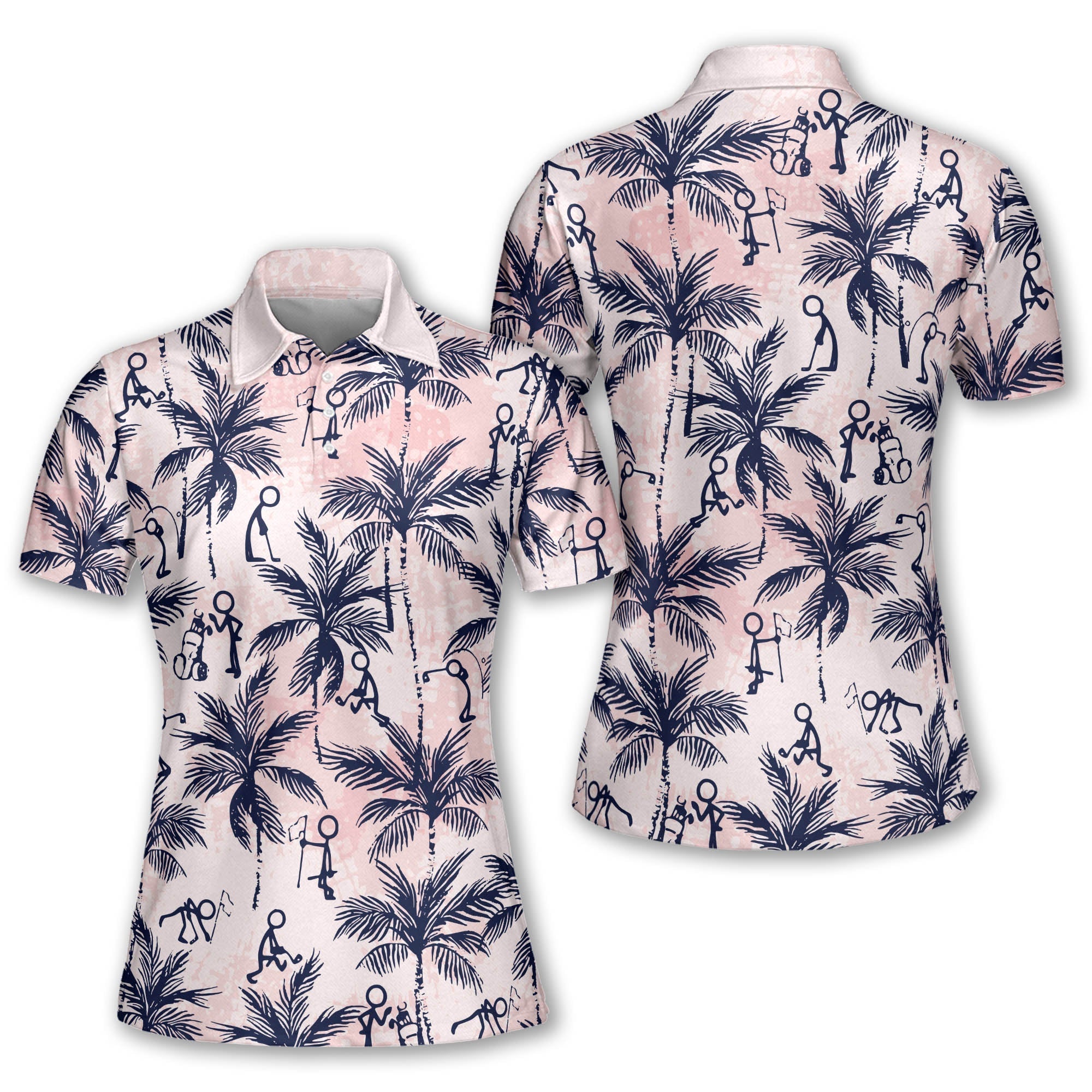 Funny Golf Stick Figures Pink Palm Tree Women Short Sleeve Polo Shirt/ Sleeveless Polo Shirt