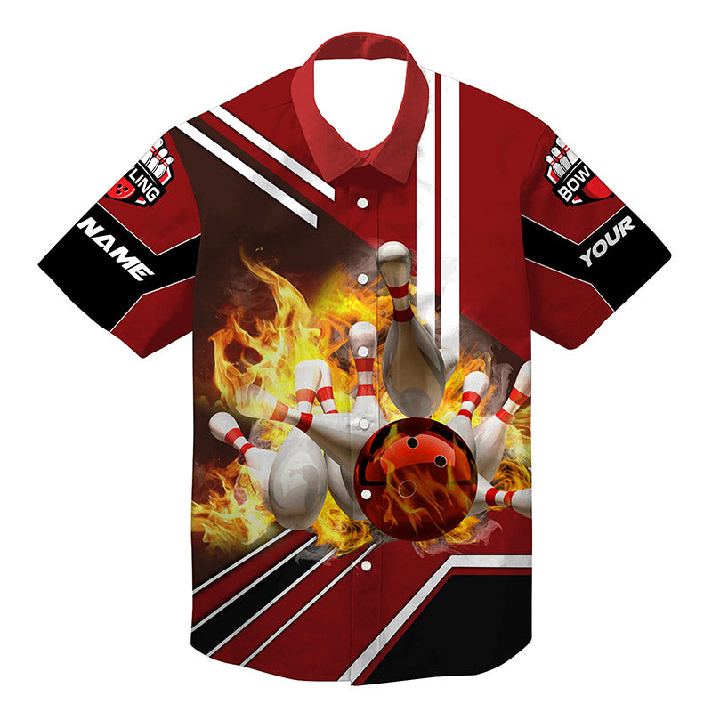 Personalized Hawaiian Bowling Shirts Flame Bowling Ball And Pins/ Bowling Shirt For Men Bowlers Red