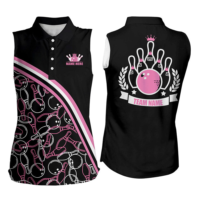 Personalized bowling Sleeveless polo shirt Custom name black pink bowling pattern
