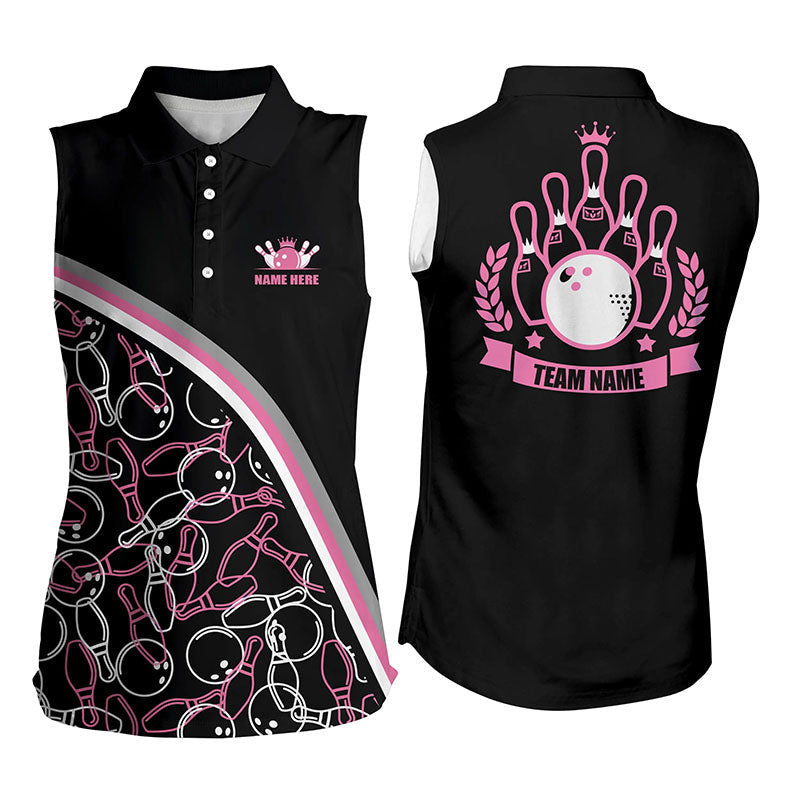 Personalized bowling sleeveless polo shirt for women Custom black green bowling pattern team shirts