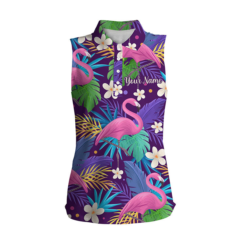 Personalized Women''s sleeveless golf polo shirt floral flamingo pattern tropical leaves custom team golf shirts