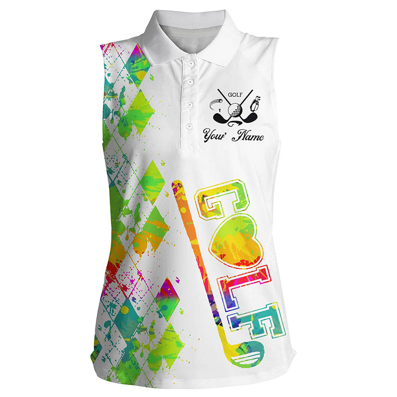 Womens Sleeveless Golf Polo Shirt Custom Name Watercolor Golf Clubs White Golf Shirt For Women