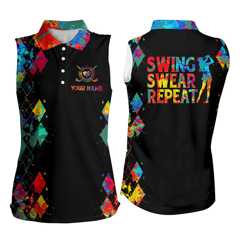 Women''s sleeveless golf polo shirt custom watercolor swing swear repeat black golf shirt