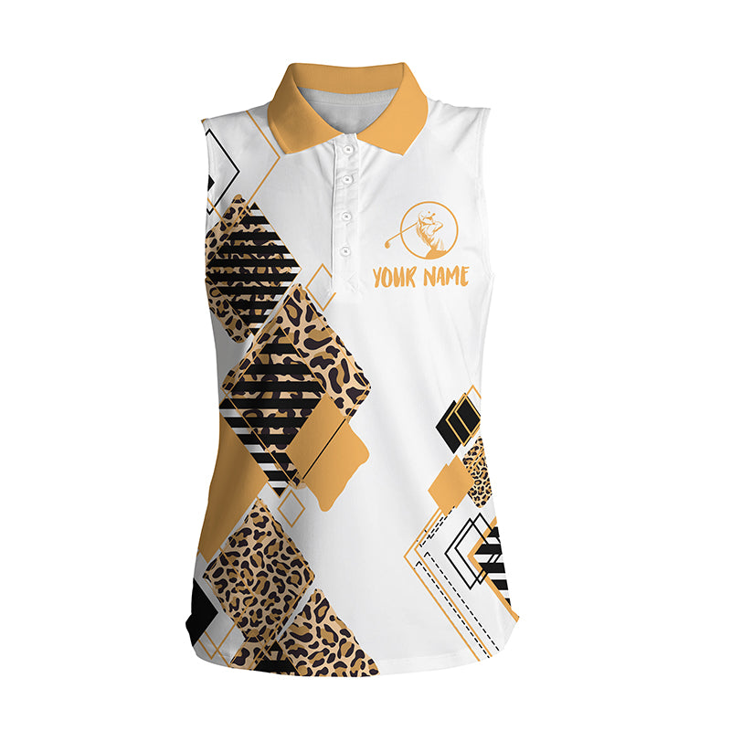 Custom Name Golf Gift For Women Polo Shirt/ Colorful Women''s Sleeveless Golf Polo White Shirt Leopard Pattern