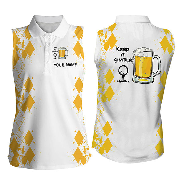 Custom Name Golf Polo Shirt/ White Yellow Women Sleeveless Polo Shirts Keep It Simple Golf & Beer