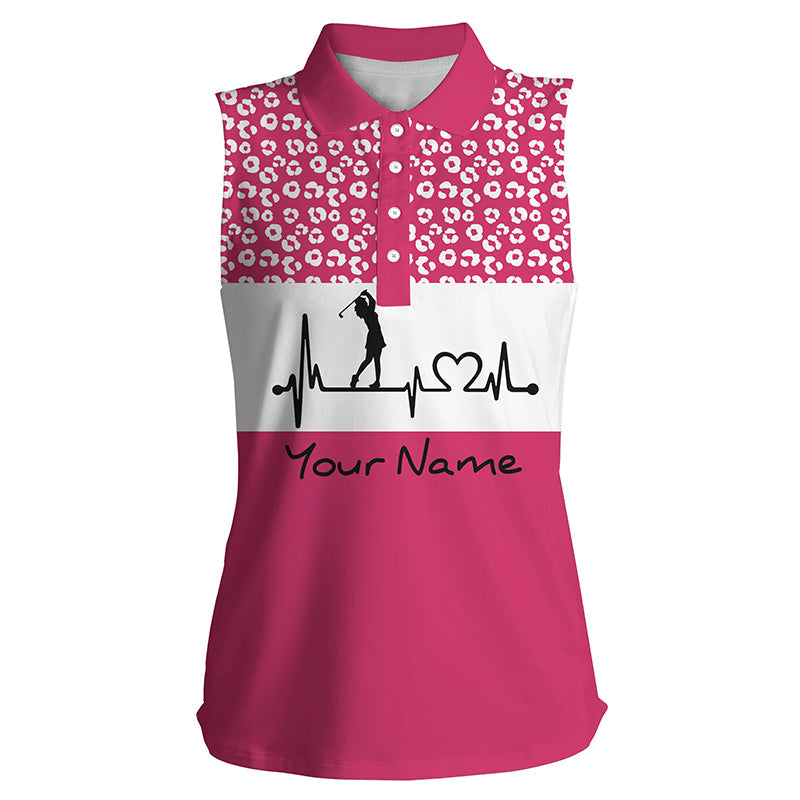 Women''s sleeveless golf polo shirt golf heartbeat custom name leopard pattern golf shirt