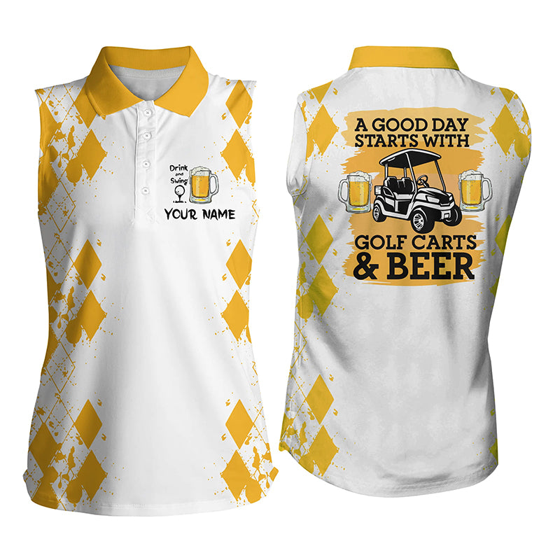Women sleeveless polo shirt Custom A good day starts with golf carts and beer/ funny golf beer shirts
