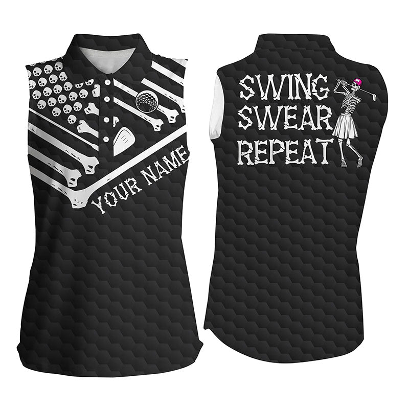3D All Over Print Women Sleeveless Polo Shirt American Flag Custom Swing Swear Repeat Skeleton Shirt
