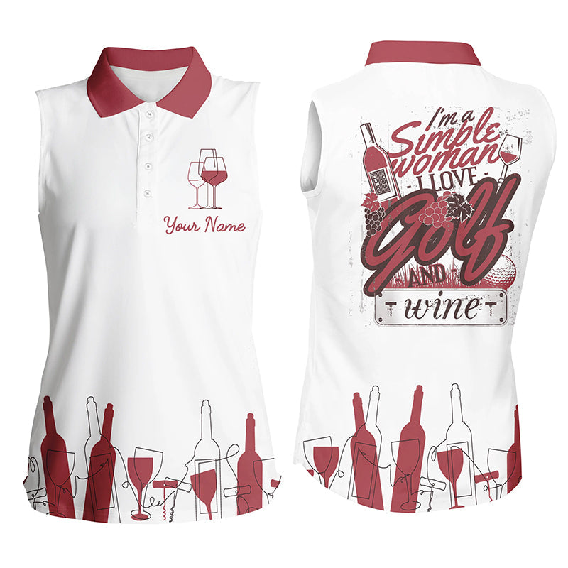 Funny pink Womens sleeveless polo shirt custom name I''m a simple woman I love golf and wine