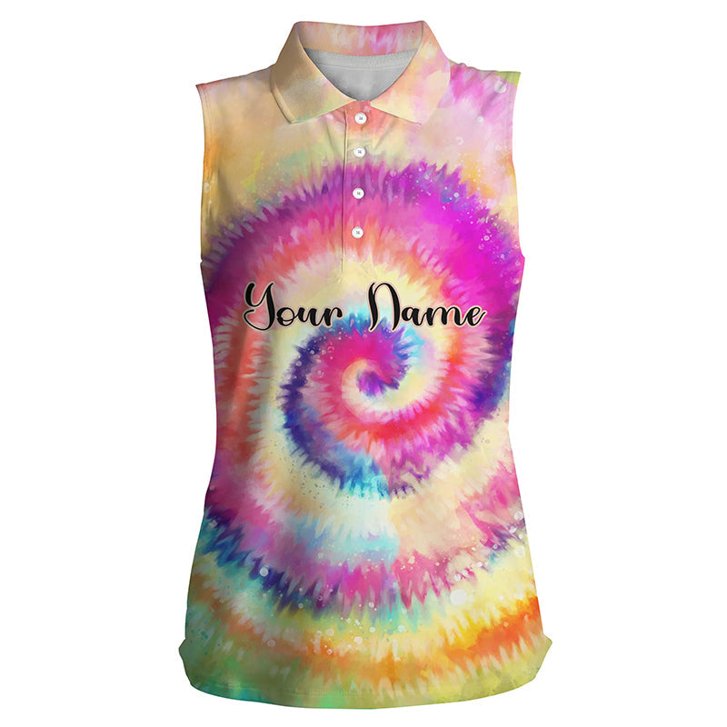 Womens sleeveless polo shirts rainbow tie dye background custom name golf shirt/ golfing gift