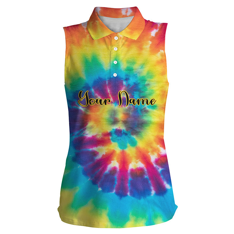 Womens sleeveless polo shirts with colorful tie dye background custom name golf shirt/ golfing gift