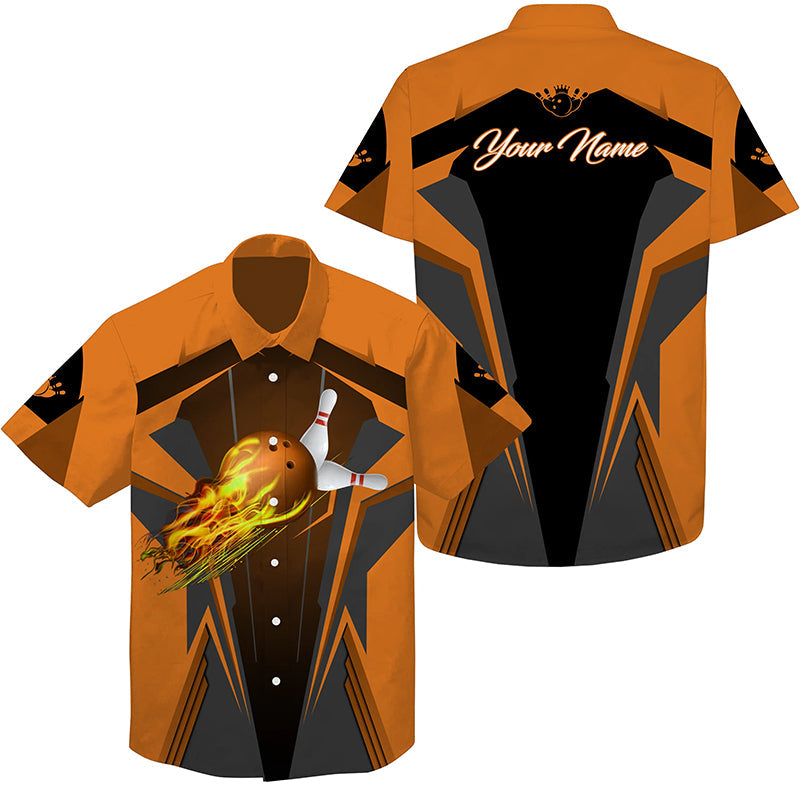 Personalized Hawaiian Bowling Shirts Flame Bowling Ball And Pins/ Bowling Shirt For Men Bowlers Multicolor