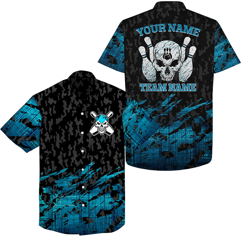 Skull Bowling Hawaiian Shirt Custom Name And Team Name Blue Bowling Skeleton/ Team Bowling Shirts