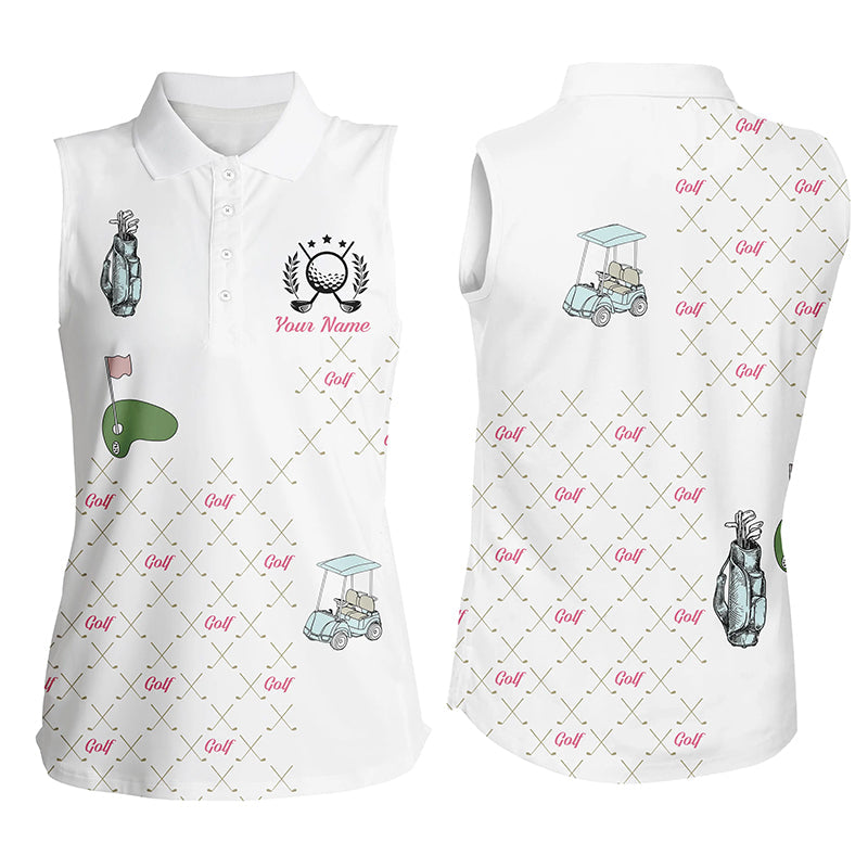 White Womens sleeveless polo shirt custom golf clubs pattern ladies golf shirts gift for mother''s day