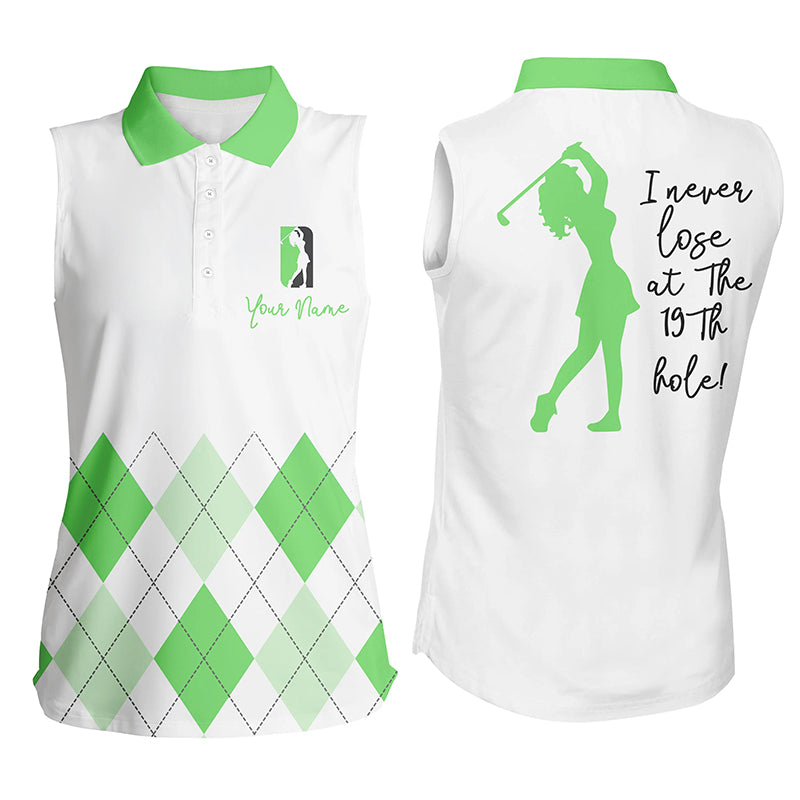 Women sleeveless polo shirt custom green argyle plaid golf top for ladie I never lose at the 19th hole