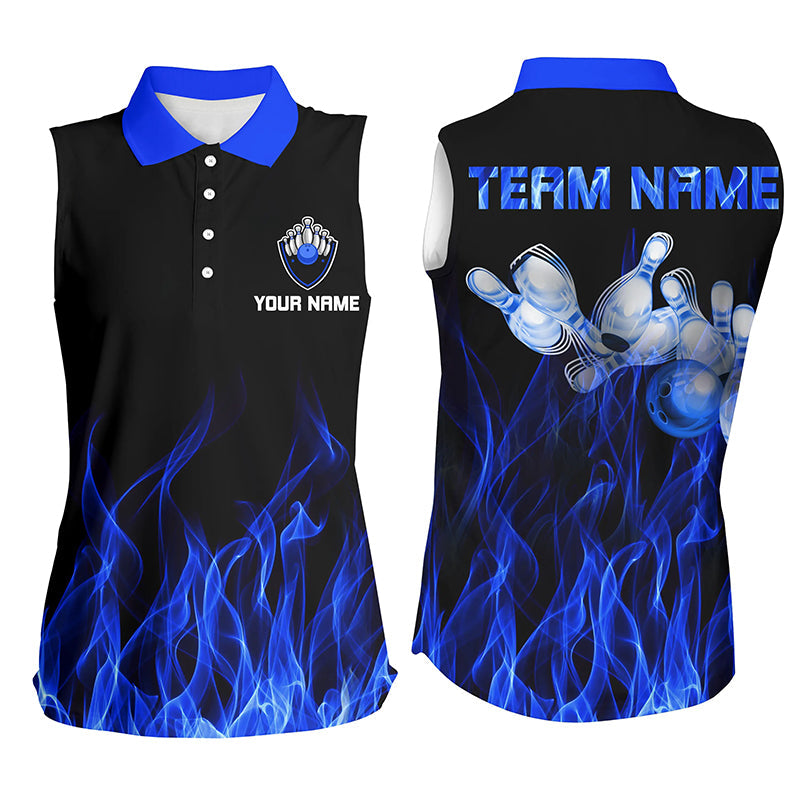 Personalized Women sleeveless polo shirts/ Blue Flame Bowling Ball and Pins bowling jerseys for Bowler