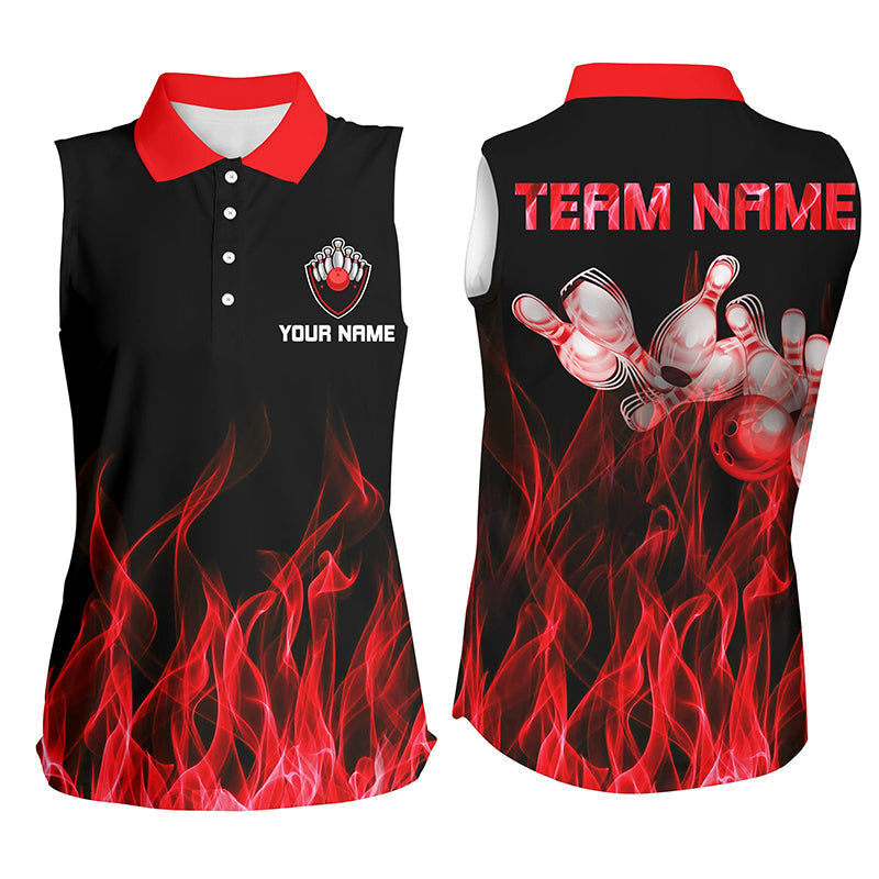 Personalized Women sleeveless polo shirts/ Blue Flame Bowling Ball and Pins bowling jerseys for Bowler