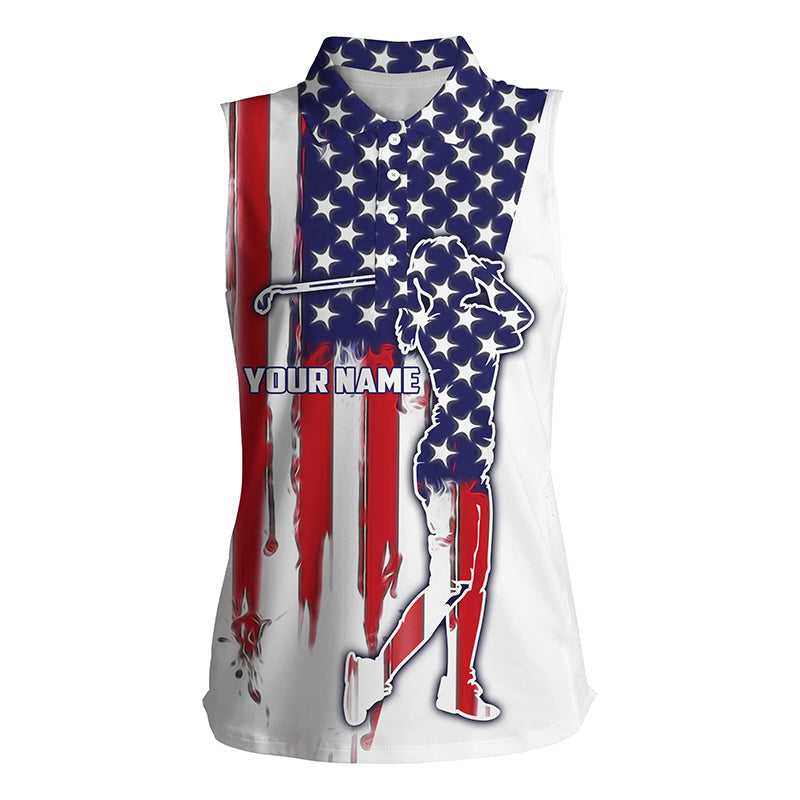 American Flag Women Sleeveless Polo Shirt Custom Name Patriot Golf Gifts/ Golf Shirts For Women