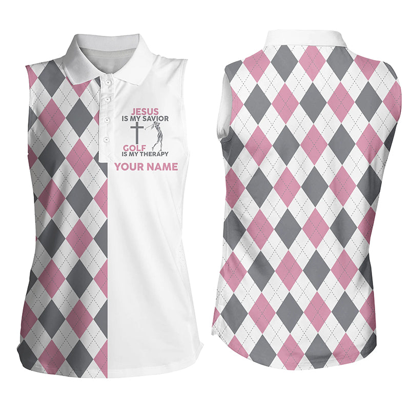 Women Sleeveless polo shirt Jesus is my savior golf is my therapy custom pink argyle ladies golf tops