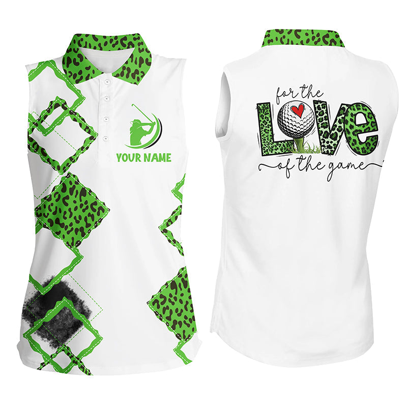 White Womens sleeveless polo shirt custom name for the love of the game green leopard golf shirts