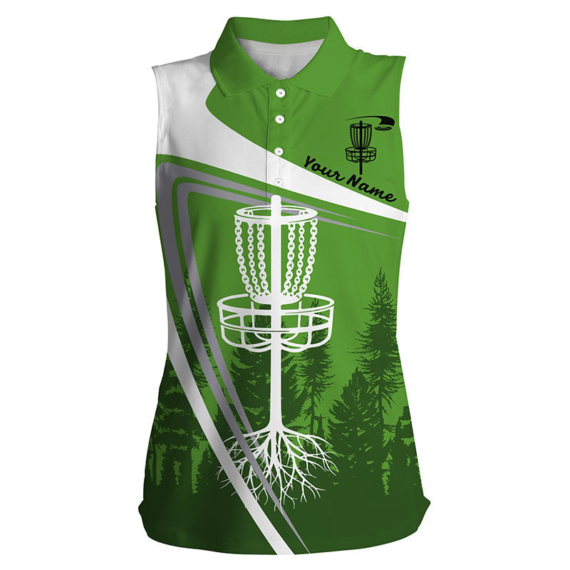 Womens disc golf sleeveless polo shirt/ custom name green disc golf basket/ personalized disc golf shirts