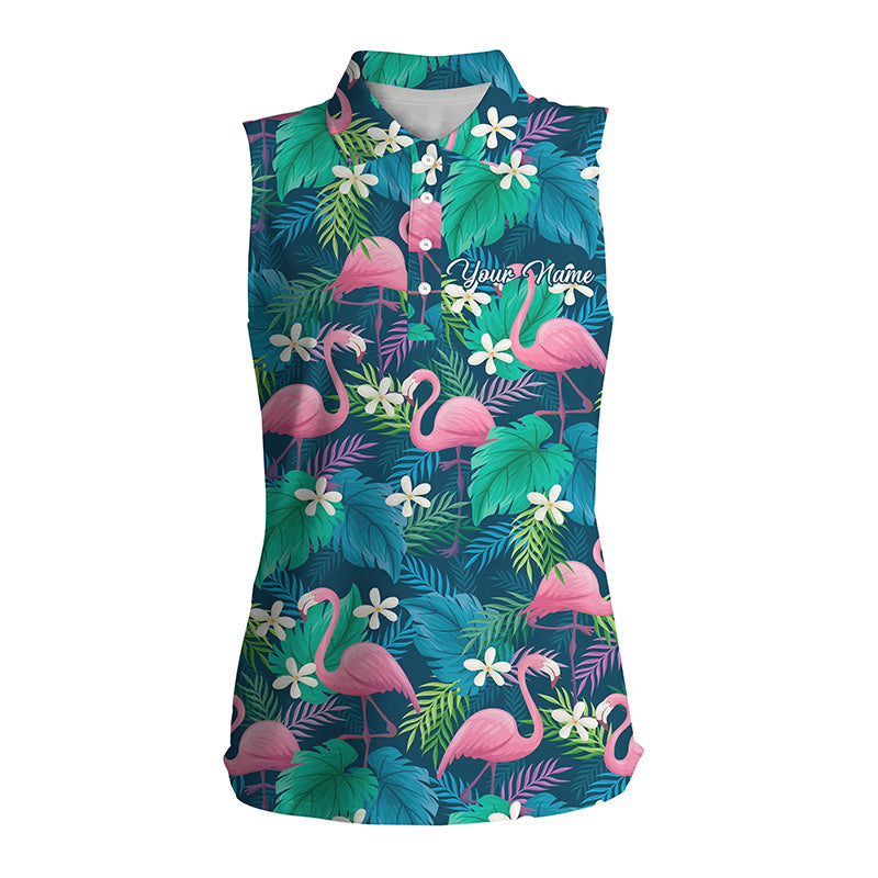Women Sleeveless Polo Shirts Colorful Flamingo Green Tropical Leaf Pattern Custom Golf Polo Shirts