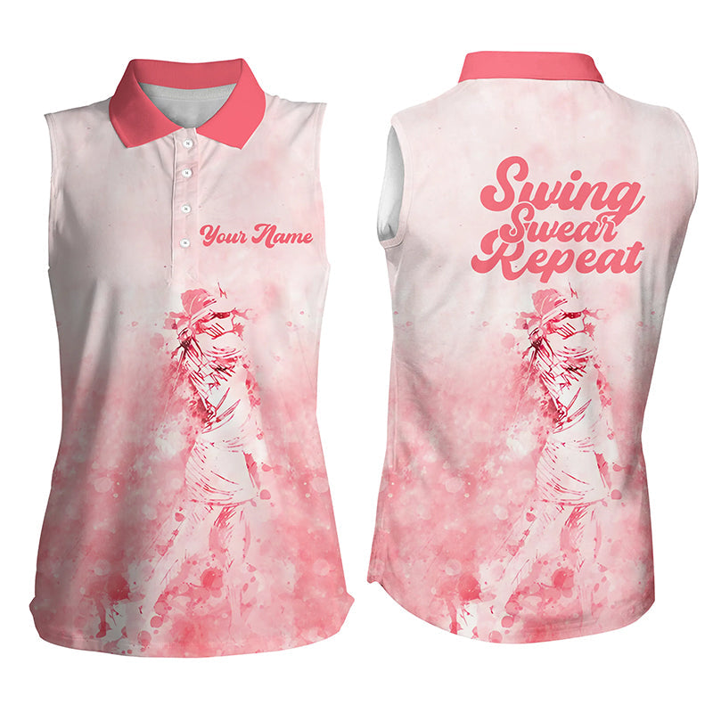 Womens Sleeveless Polo Shirt Custom Name Swing Swear Repeat Golf Shirt/ Ladies Golf Tops
