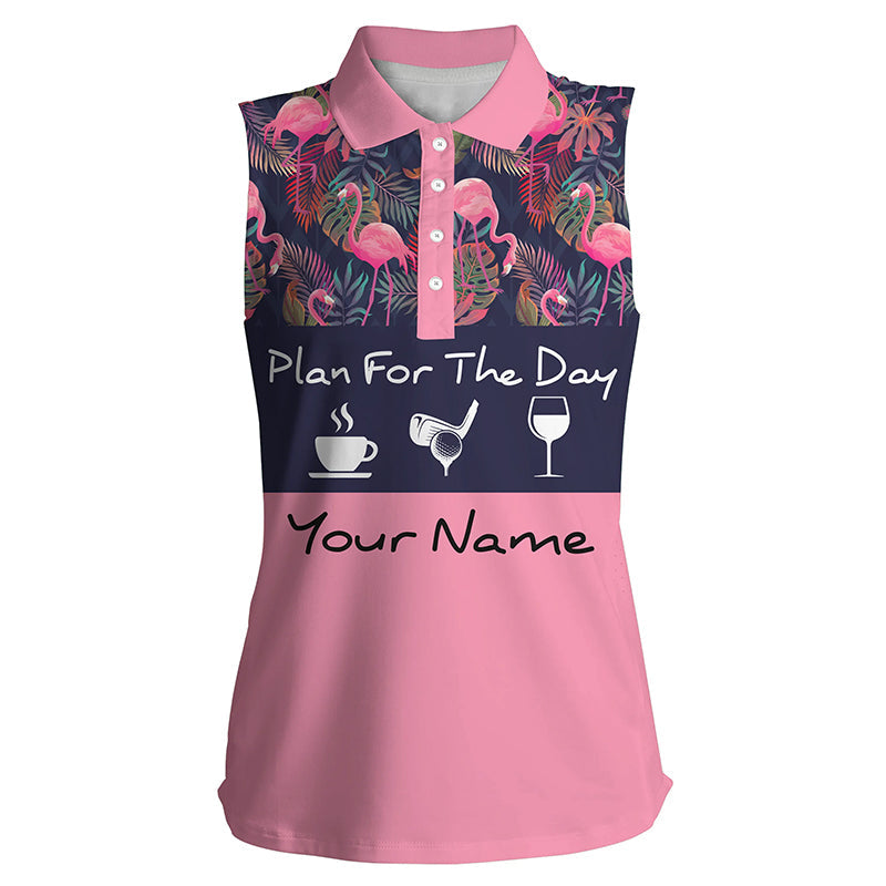 Sleeveless polo shirt plan for the day coffee golf wine custom pink flamingo palm leaves golf shirt