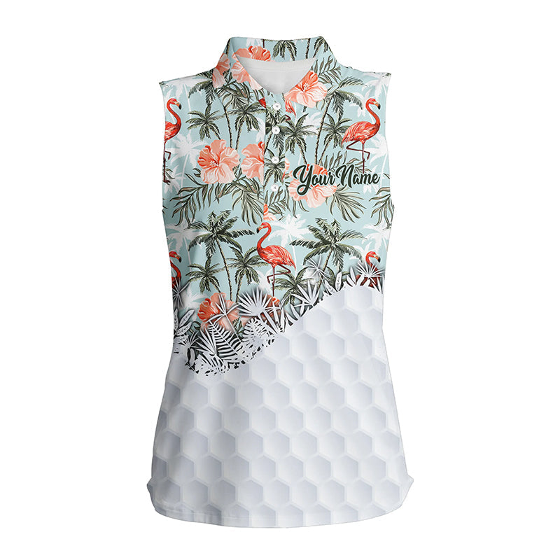 Tropical palm trees flamingo hibiscus pattern custom sleeveless polo shirts team ladies golf tops