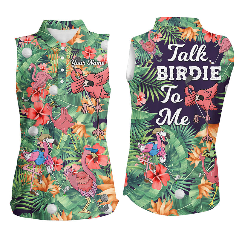 Funny Women sleeveless polo shirt custom green tropical flower flamingo golf shirts talk birdie to me