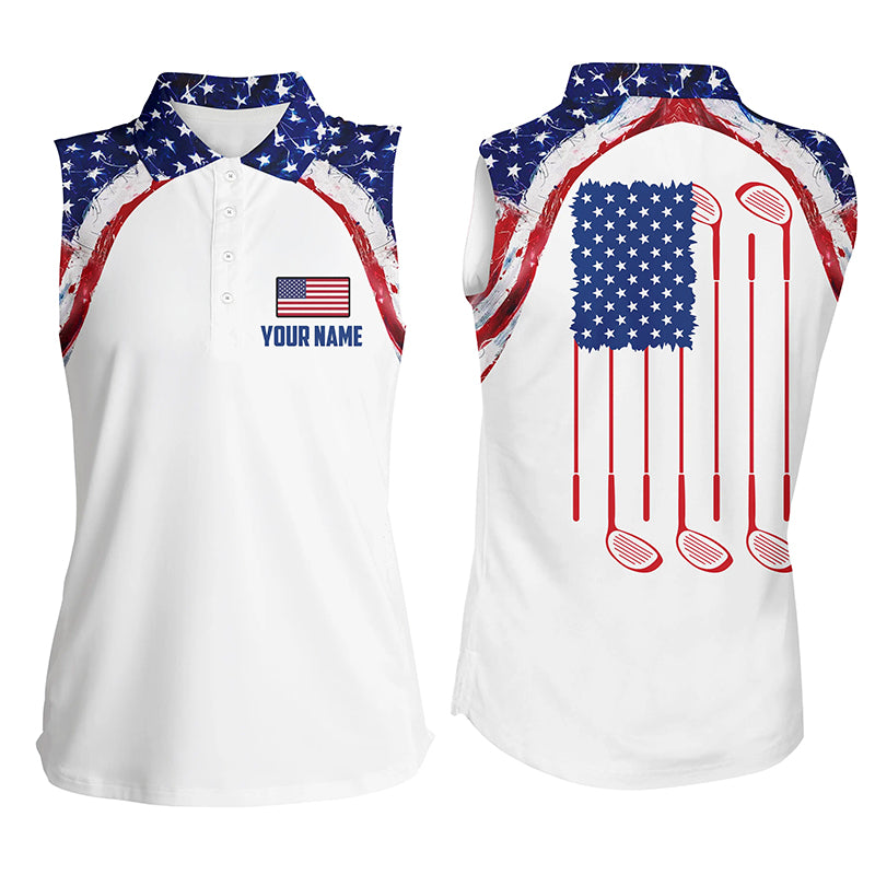 Watercolor American flag white Womens sleeveless polo shirts/ custom golf tops for ladies golf gift