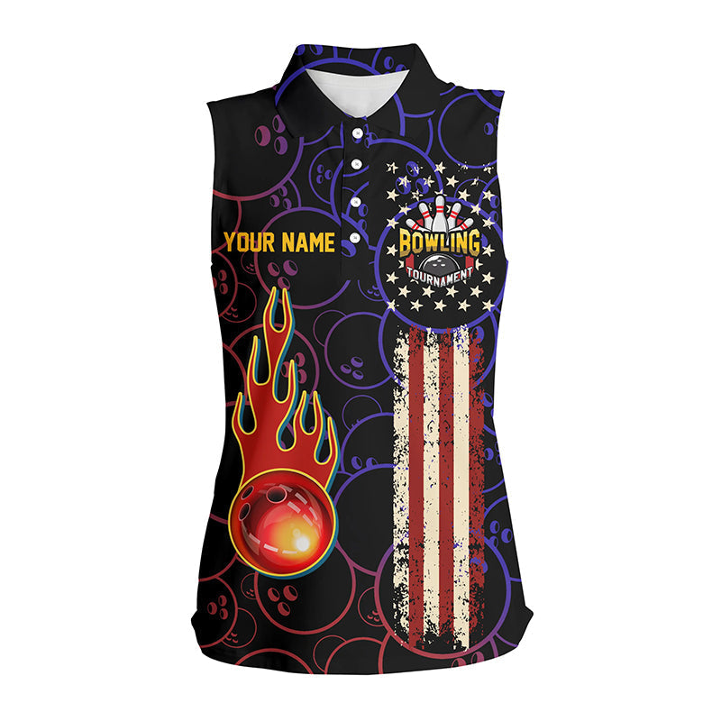 Custom American flag black sleeveless polo Shirts For Women/ patriotic Bowling tournament Jerseys