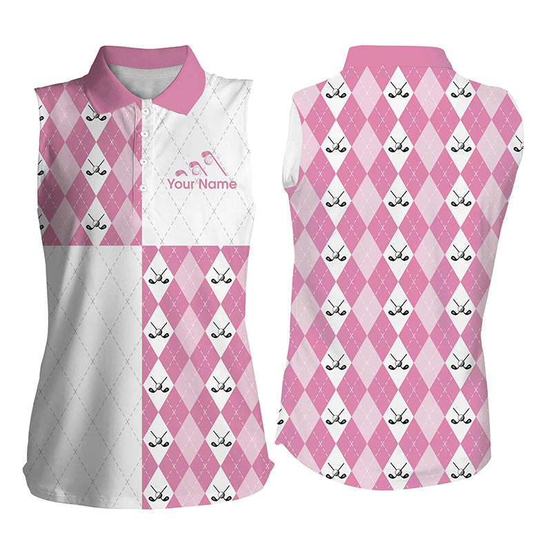 Golf addicted Womens sleeveless polo shirt custom pink white golf ball clubs pattern/ team golf shirts