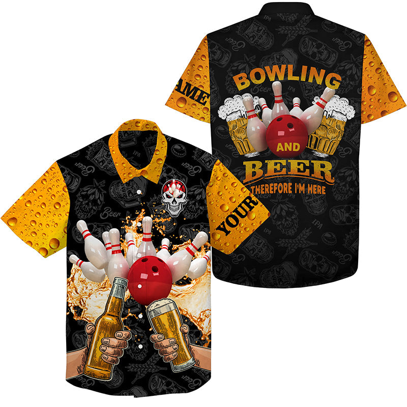 Funny Bowling Beer Skull Hawaiian Bowling Shirts Custom Name Bowling And Beer Therefore I''M Here