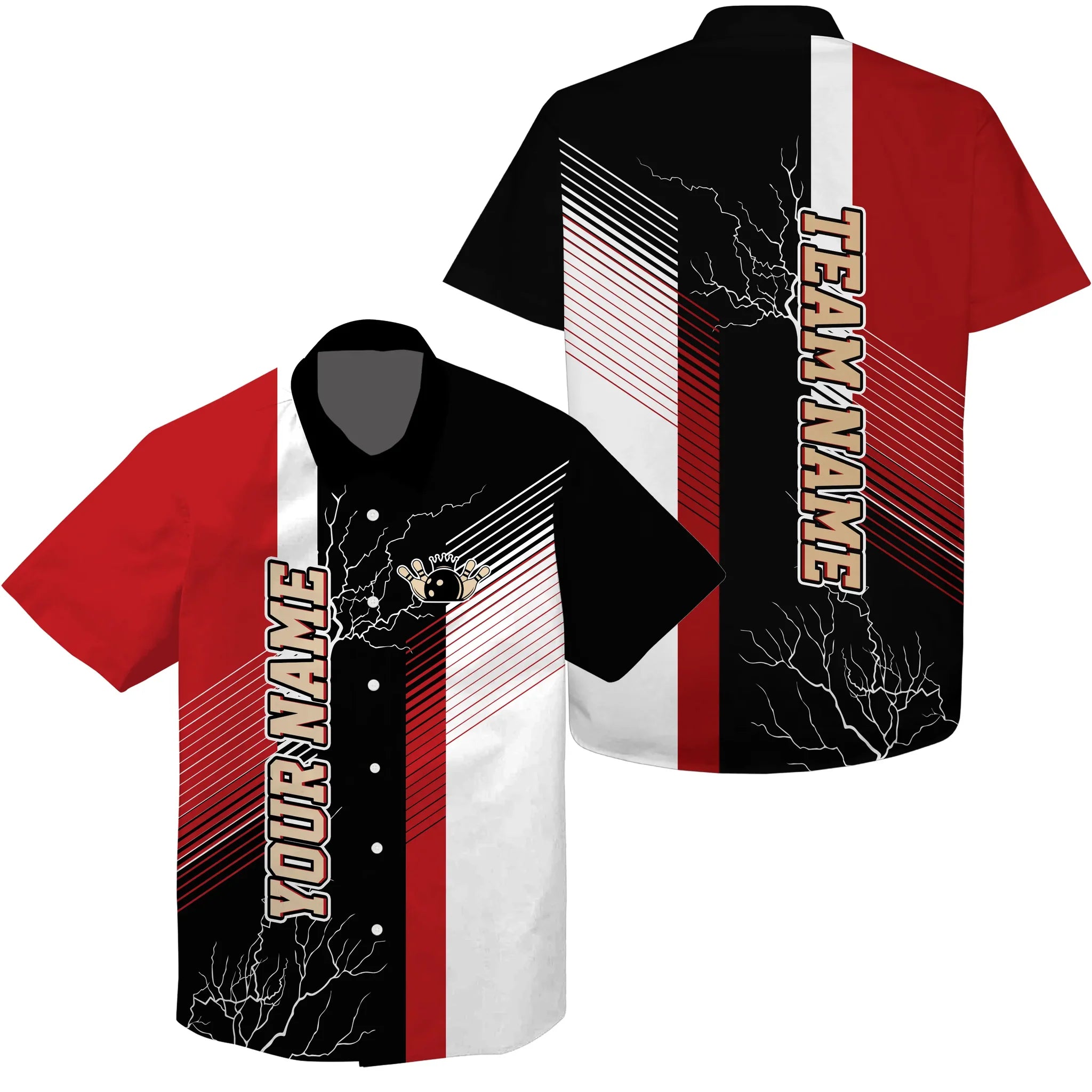 Red And Black Plaid Pattern Lightning Custom Team Name Hawaiian Shirt For Men/ Team Bowling Shirts