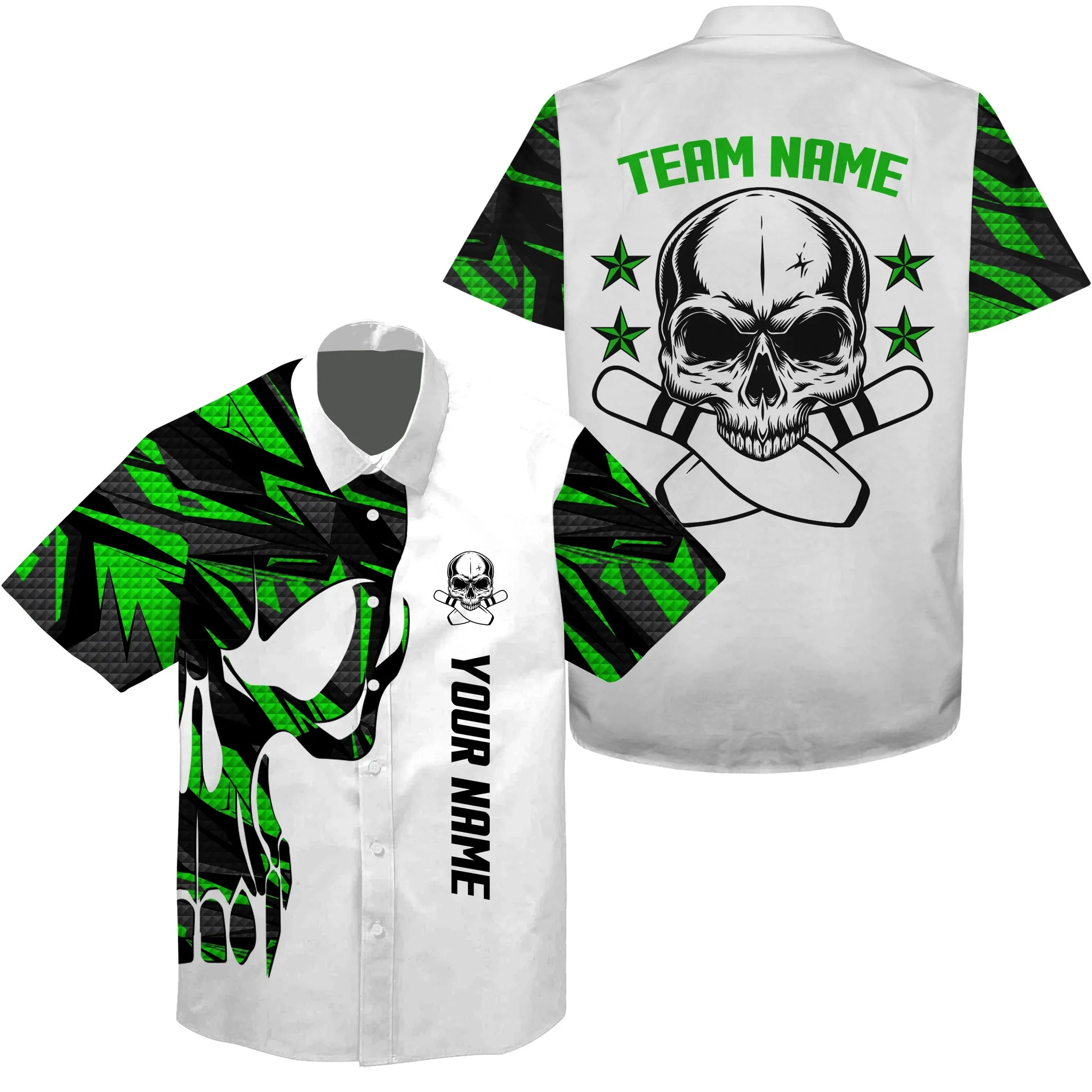 Green And White Bowling Hawaiian Shirt Custom Name And Team Name Skull Bowling/ Team Bowling Shirts