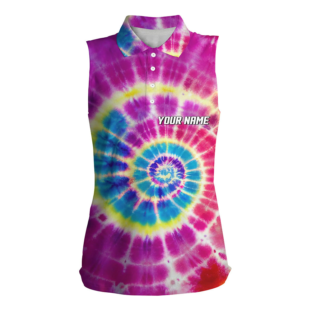 Womens sleeveless polo shirts with colorful pink tie dye background/ custom team golf shirts ladies