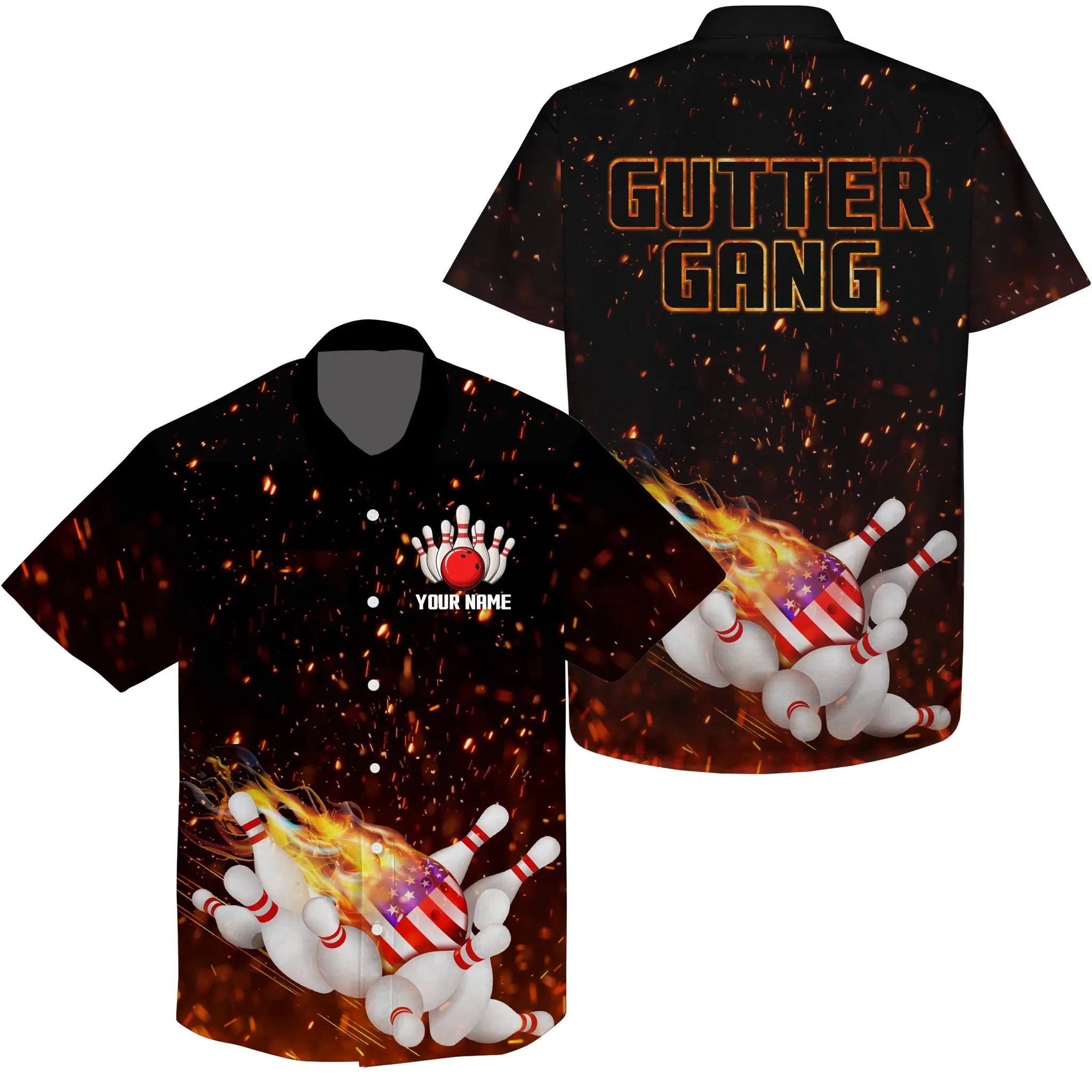 Personalized Flame American Flag Bowling Hawaiian Shirt Custom Gutter Gang Team Bowling Shirts